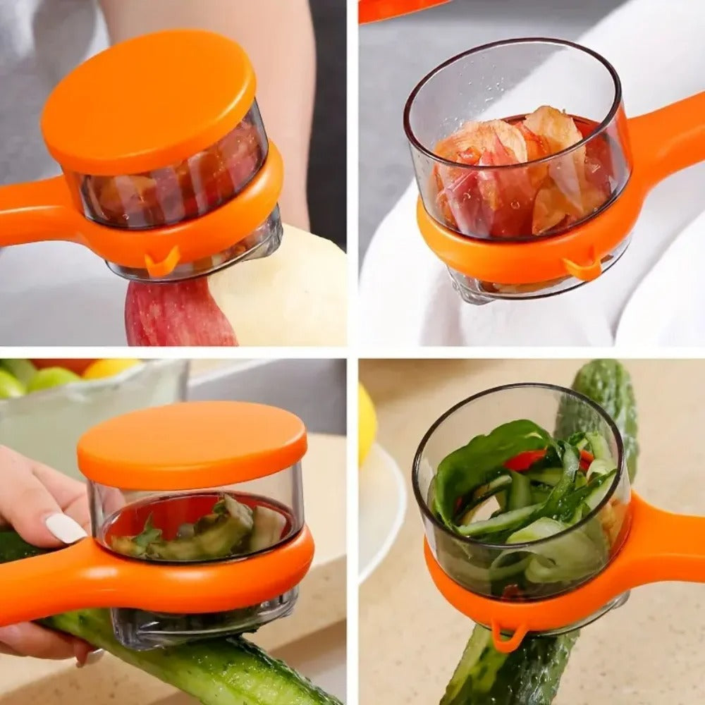 Orange kitchen tool used for juicing fruits and vegetables with close-up shots.
